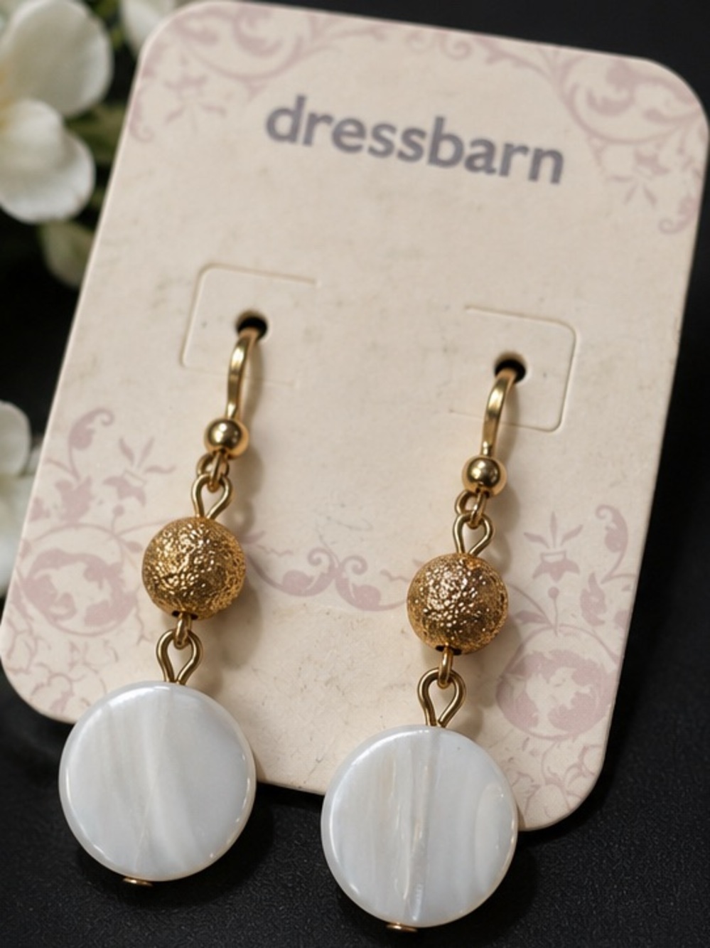 NWT Dressbarn Gold Tone White Disc Drop Earrings Classic Lightweight Dangle